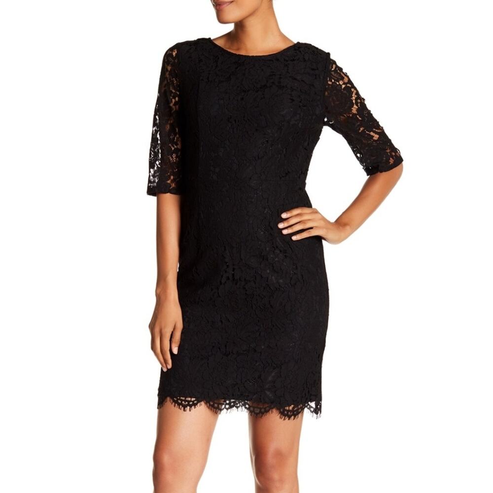 Sharagano Large Black Lace Elbow Sleeve Sheath Dress NWT $118
